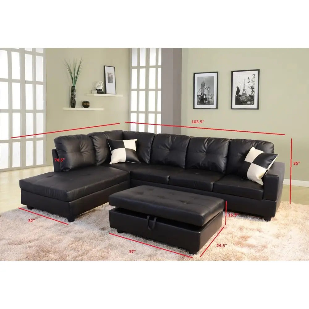 Sectional Sofa Set with Ottoman in Black Leather Style