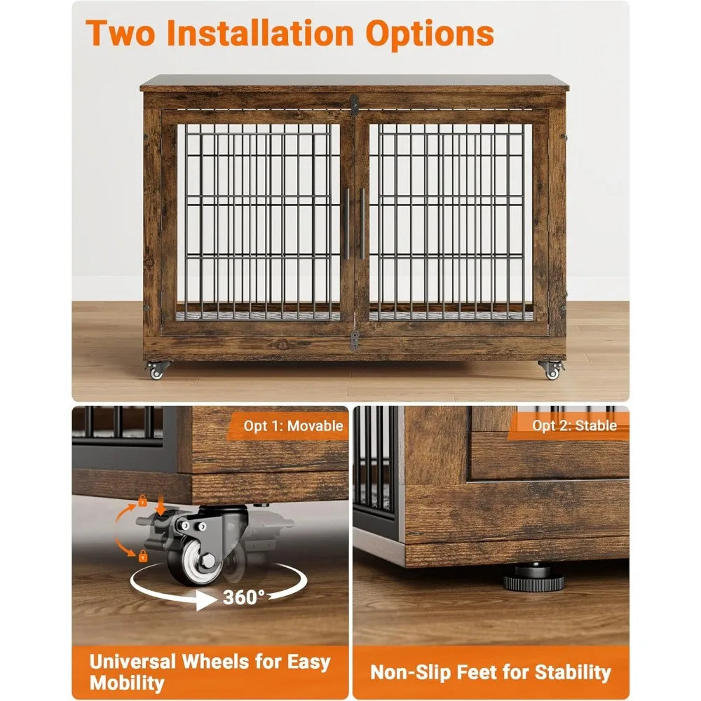Dog Crate Furniture with Cushion Set of 2, Wooden Dog Kennel Indoor with Double Doors, Dog Cage with Wheels, House Side End