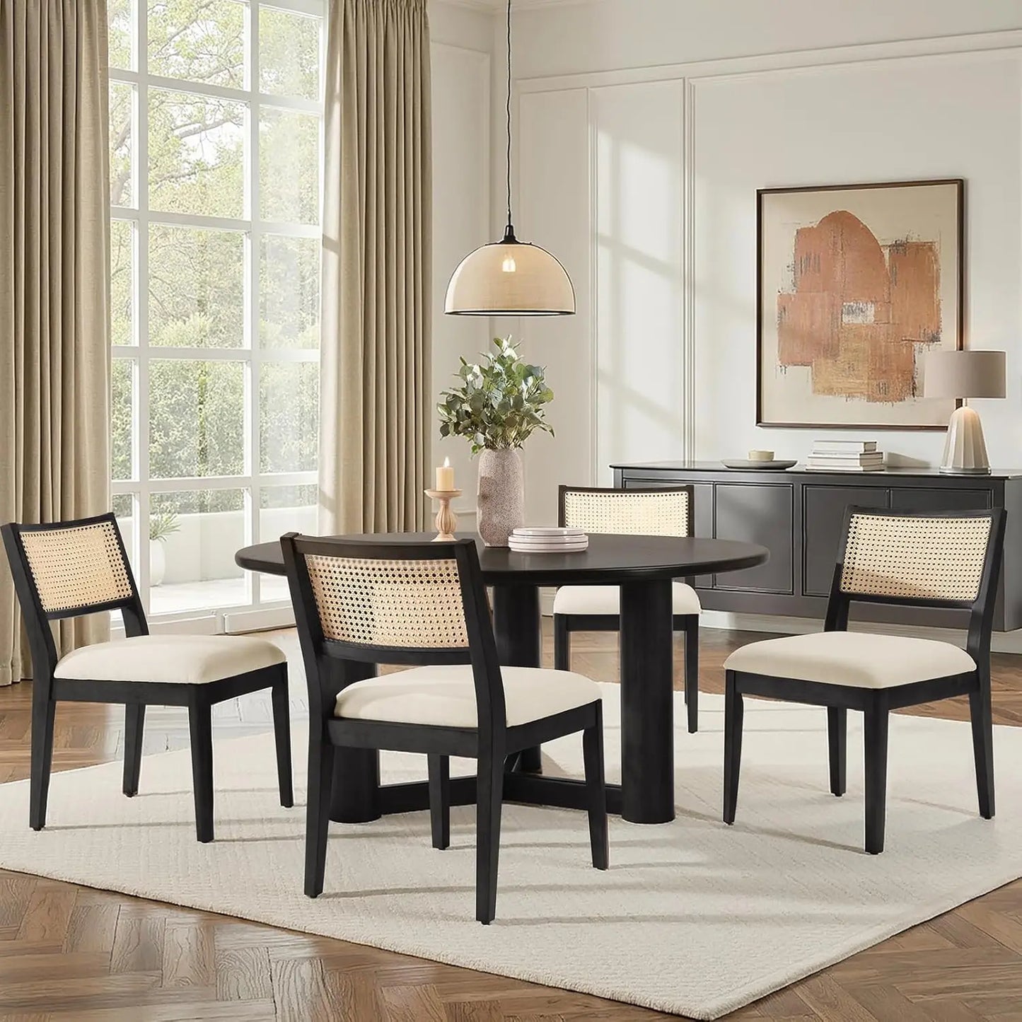 Rattan Dining Chairs Set of 4, French Solid Wood Kitchen Dining Room Chairs with Curved Back, Upholstered Accent, Customized