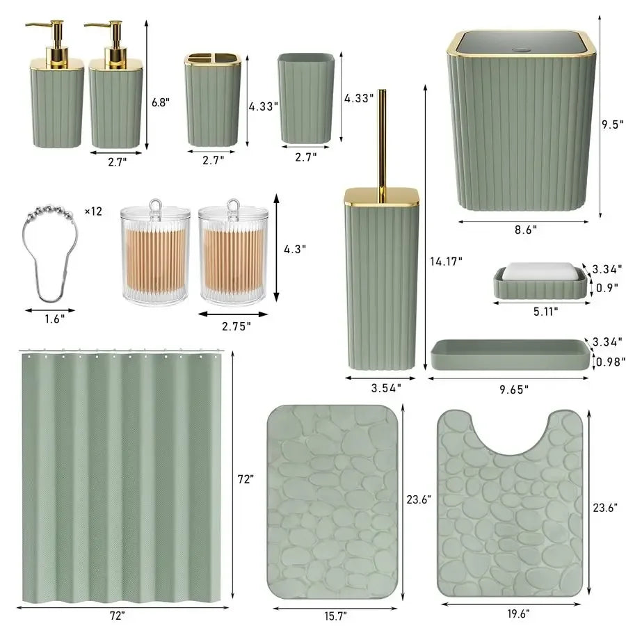 Accessories Set 25PC Sage Green Bathroom Set, Bathroom Set with Shower Curtain and Rugs, Sage Green Shower Curtain Set, Bathroo