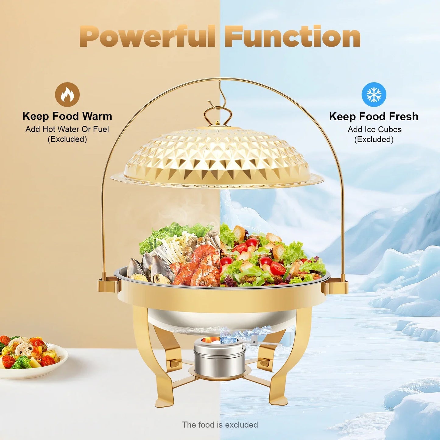 8.5Qt /8L Chafing Dishes for Buffet Stainless Steel Round Buffet Chafer, Gold Hanging Lid Dining Stove, Buffet Server