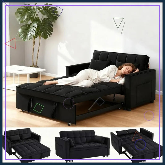 70" 3-in-1 Velvet Sleeper Sofa Bed, Convertible Pull Out Couch w/Adjustable Back & Storage, Black Futon for Small Space