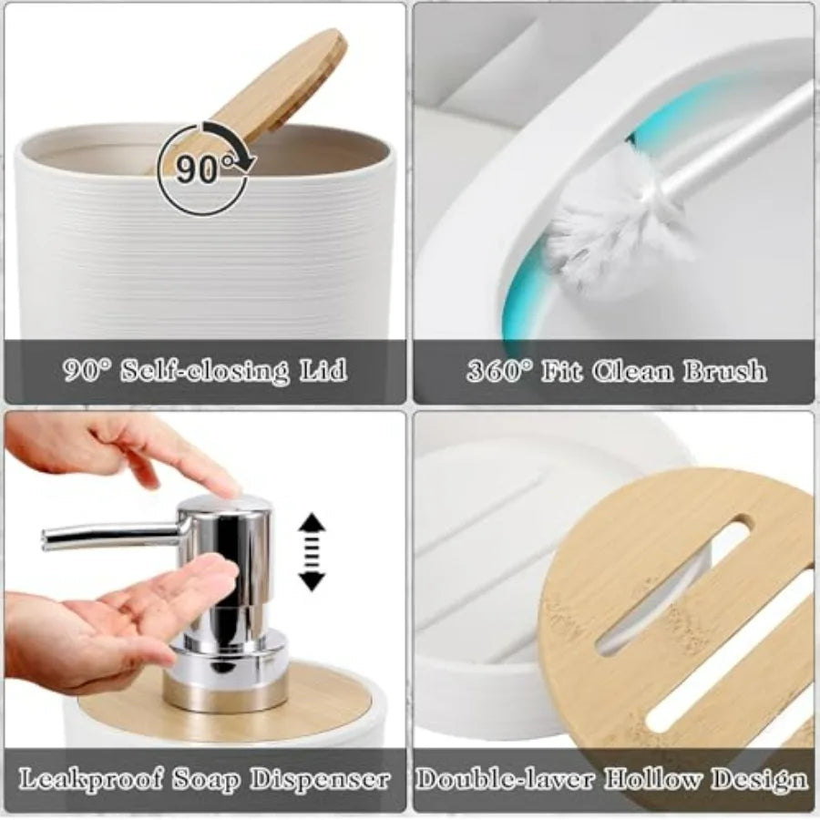 White Bathroom Set with Trash Can 2PCS Soap Dispensers Soap Dish Toothbrush Holder Toothbrush Cup Toilet Brush Tray and Qtip Ho