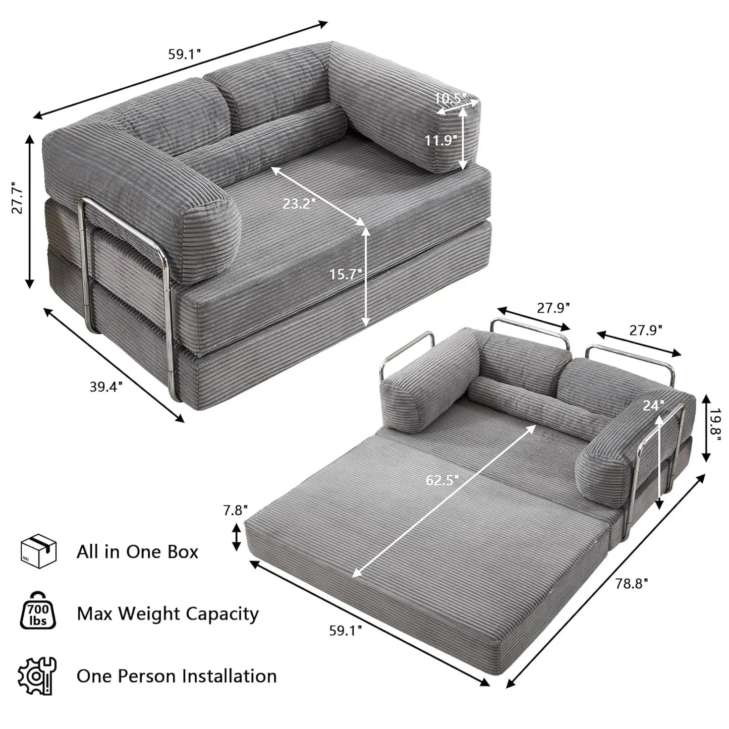 5-in-1 Convertible Sofa Bed, 79" Corduroy Folding Sleeper Couch Bed with Steel Frames, Boneless Foldable Floor Sofa, Customized