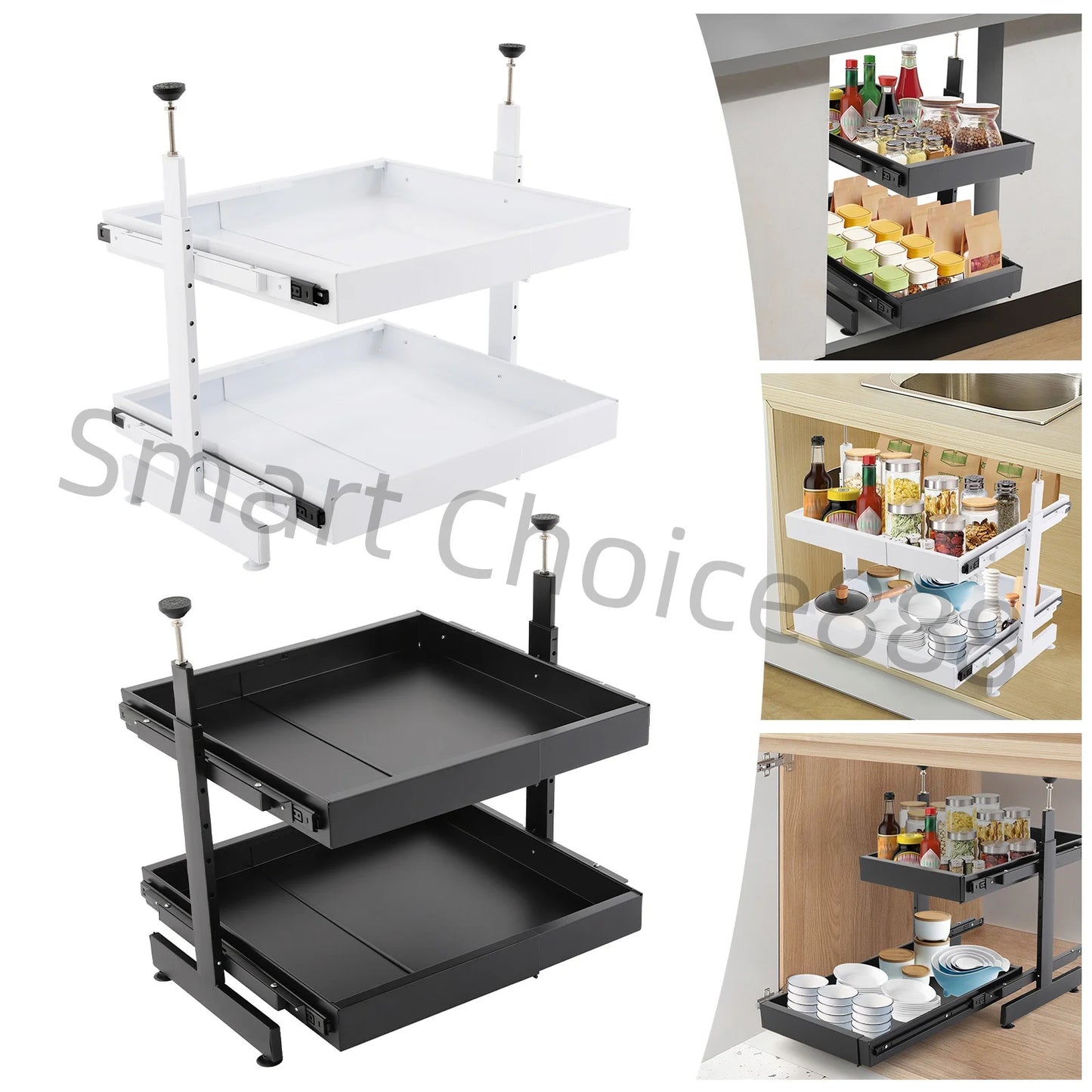 Pull-Out Pantry Organizer Multi-Tier Under Sink Sliding Cabinet Basket for Spices Utensil Organizer Blank/White
