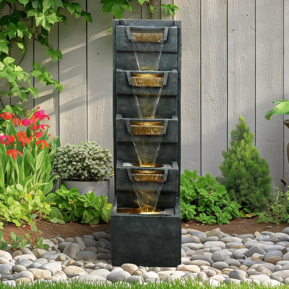 Modern 4-Tier Cascading Fountain with LED Lights - 39.3 Tall Outdoor/Indoor Water Feature for Garden