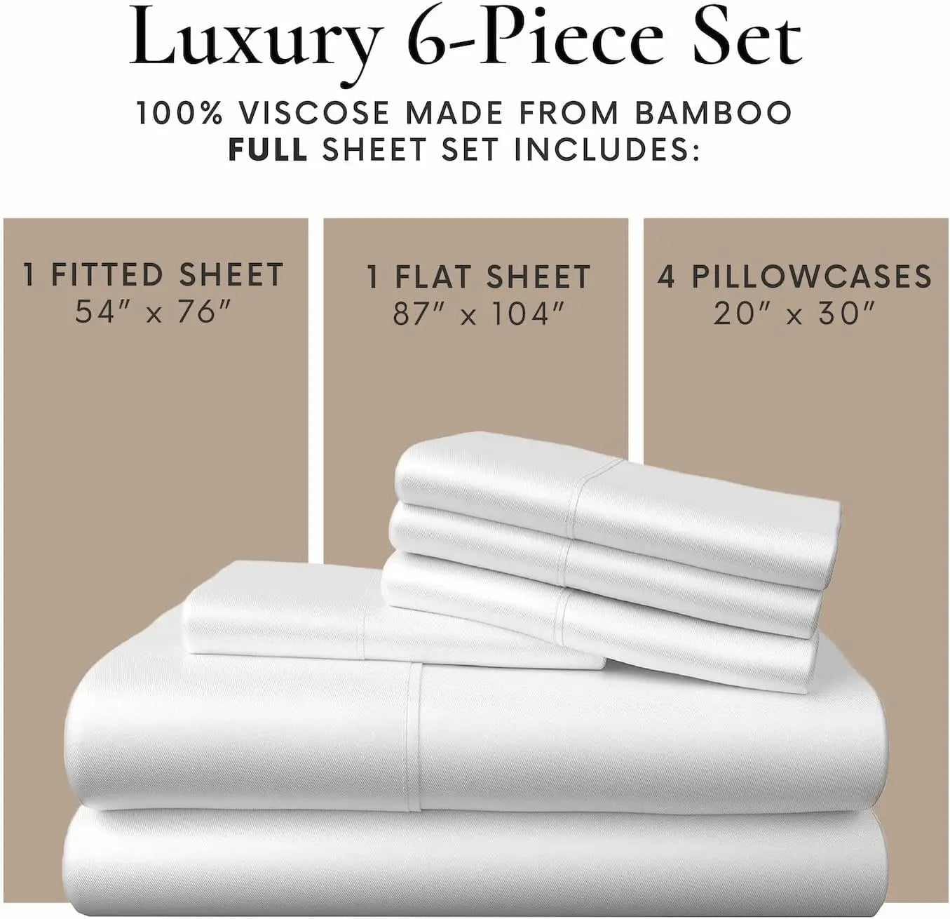 6 Piece Full Size Sheet Set, 100% Viscose Made from Bamboo, Breathable, Ultra Soft Cooling Bed Sheets for Hot Sleepers, Beddings