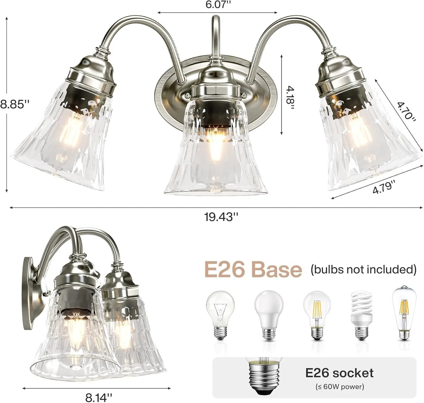 3-Light Bathroom Light Fixtures, Modern Wall Lights w/ Glass Shades for Bathroom