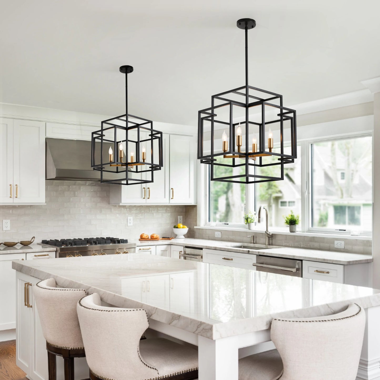 4-Lights Pendant Lights Fixtures Lantern American Style Industrial Farmhouse Hanging Chandelier for Living Room Island Kitchen