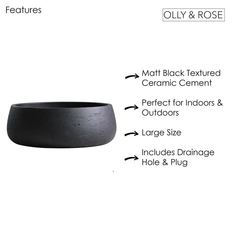 amp Rose Copenhagen Large Ceramic Planter Bowl Shallow Plant Pot Matt Black Flower Pot Indoor and Outdoor Garden Decor