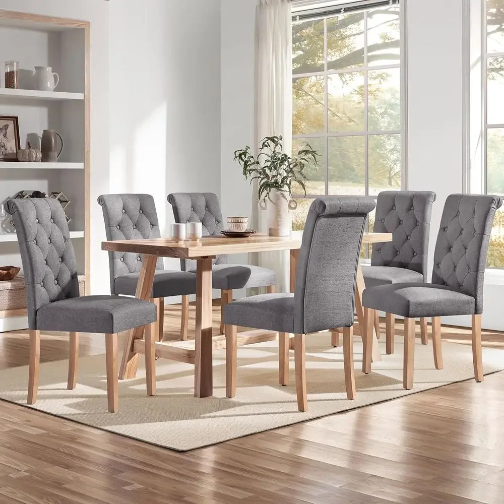 6-Piece Fabric Upholstered Dining Chairs Set with Button-Tufted High Back and Solid Wood Legs for Kitchen, Living Room, or Resta