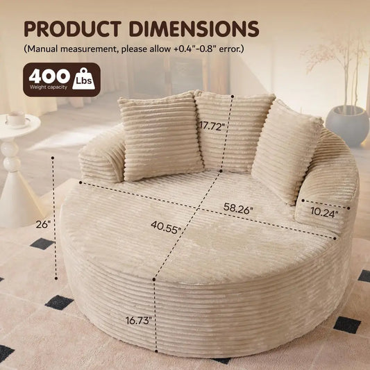 58 Oversized Round Chair Lounge Chaise Indoor, No Assembly Required, Cloud Large Circle Chair with Plush Fuax Fur, Fluffy Moder