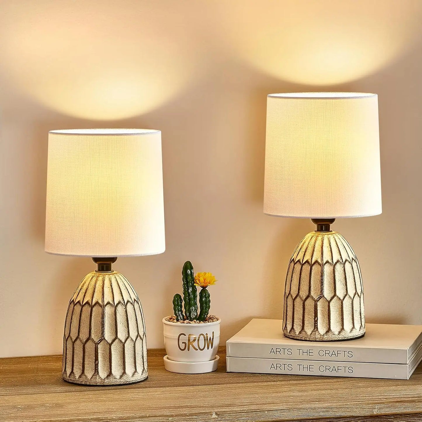 Set of 2 Farmhouse Ceramic Table Lamps, 13.5" Hand-Painted Boho Style for Bedroom Living Room Office Nightstand