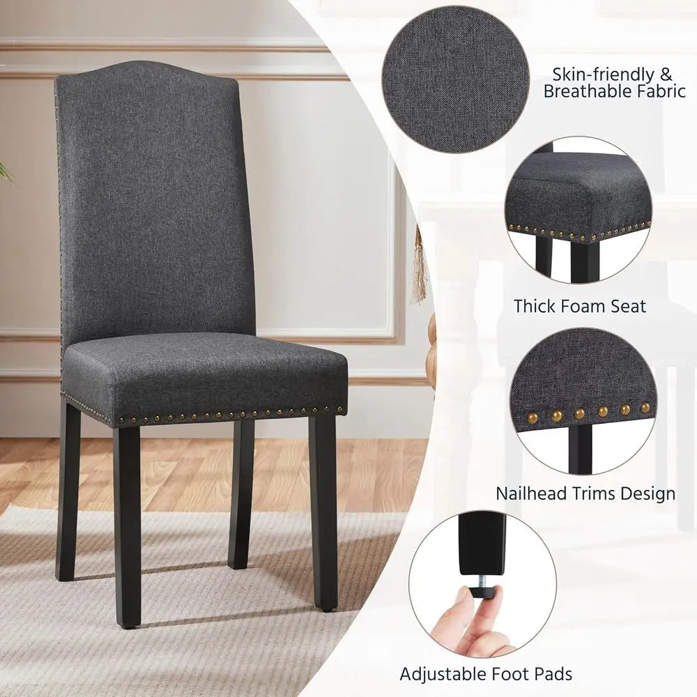 Set of 4 Fabric-Upholstered Dining Chairs with Solid Wood Legs and Nailhead Trim, Gray, Suitable for Kitchen, Living Room, Resta