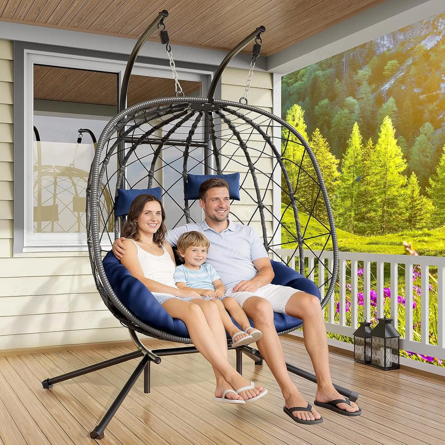 Double Egg Swing Chair with Stand - 2 Person Outdoor Patio Hanging Wicker Hammock Chair with Cushion, Customized