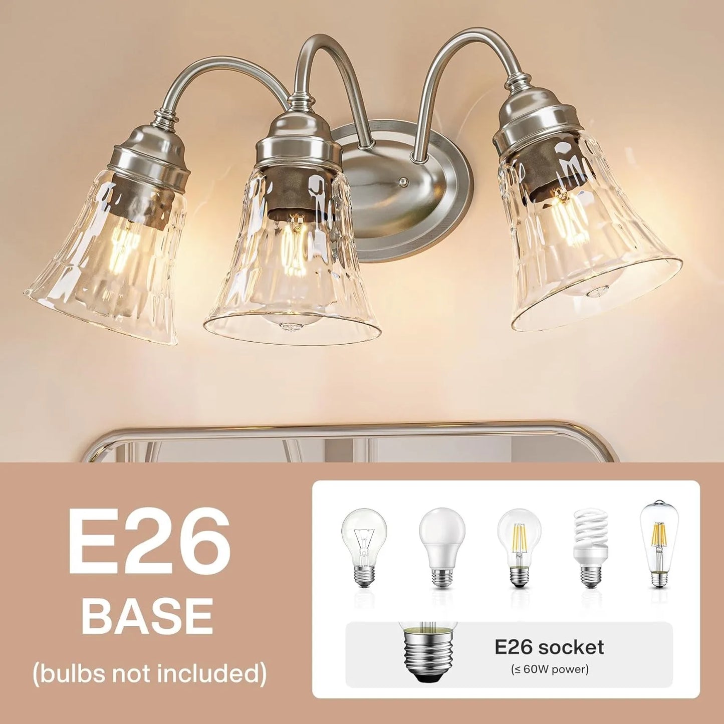 3-Light Bathroom Light Fixtures, Modern Wall Lights w/ Glass Shades for Bathroom
