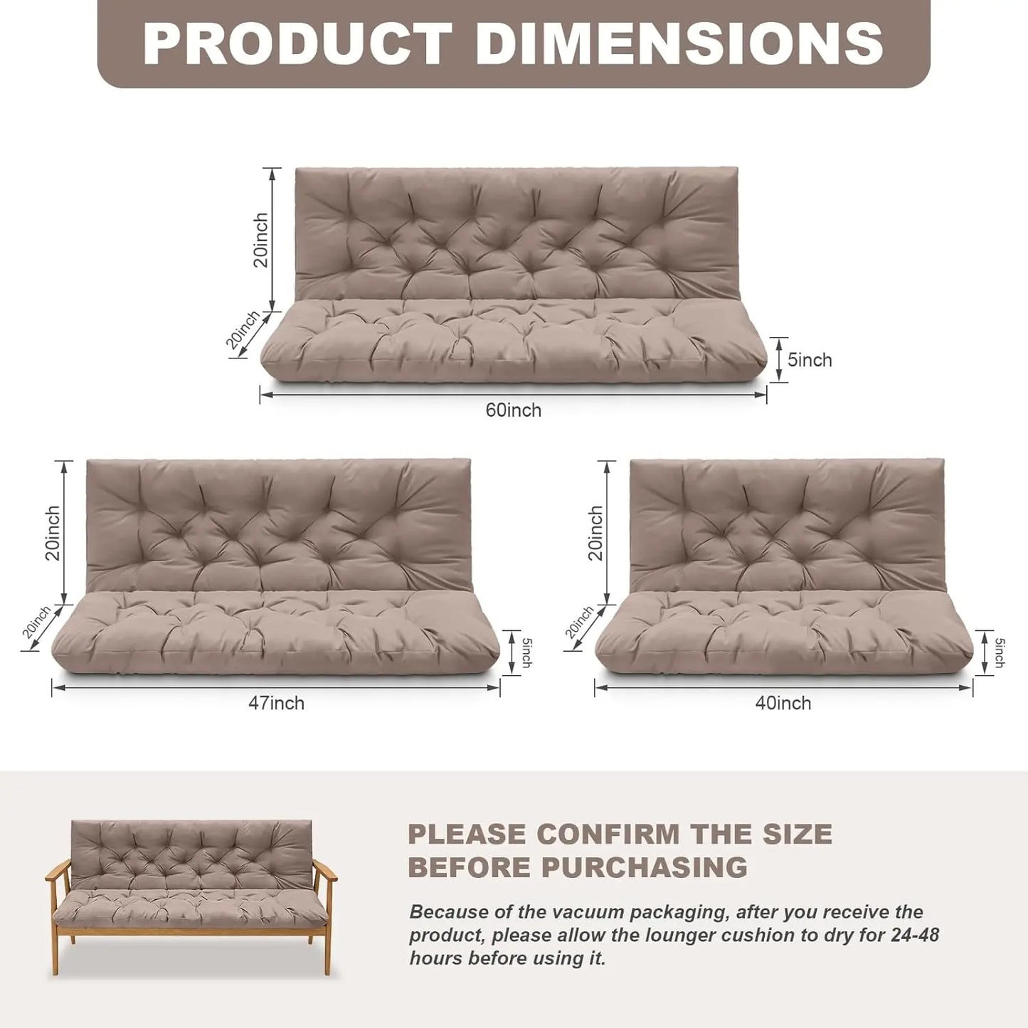 Waterproof Outdoor Swing Cushions with Backrest and Ties, 3-Seater Thickened Bench Cushion for Patio, Garden (Khaki 60x40 in)