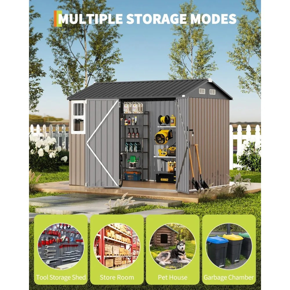 6x8 Ft Metal Outdoor Storage Shed Garden Tool Shelter with Updated Frame Structure Lockable Doors & Windows Ideal Customized Sol