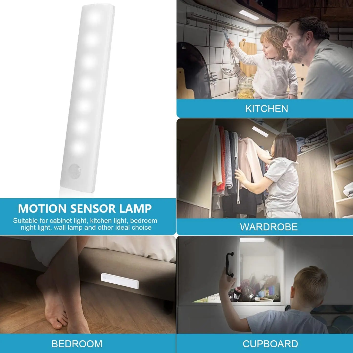 3PACK motion sensor LED cabinet lighting, USB charging magnetic installation, applied to kitchen and closet, white