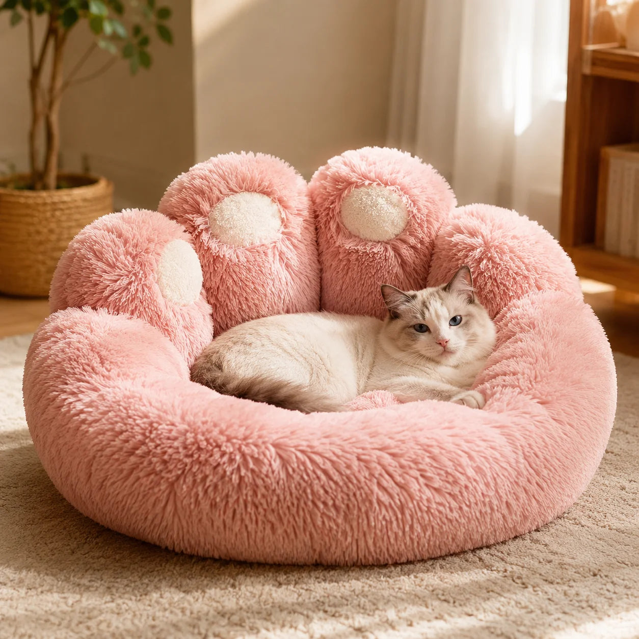 1PC Plush Paw-Shaped Pet Bed for Small Medium Large Cats and Dogs, Warm Breathable All-Season Nest with Extra Lining