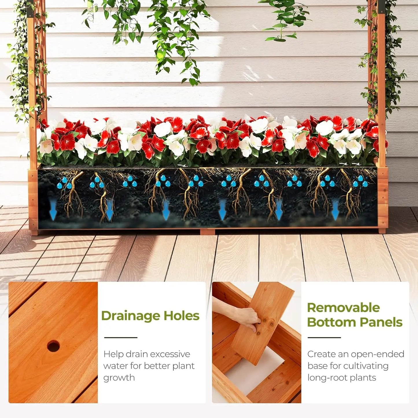 Freestanding Wood Planter Box with Trellis, Hanging Roof & Drainage for Climbing Plants, Flowers, Outdoor Garden