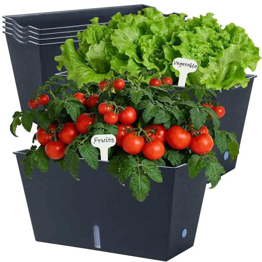 Box Planter 6 Pcs, 12.1 Inches Self Watering Plant Pots Rectangle Flower Pots with Drainage Holes and Breathable Trays, Vegetabl
