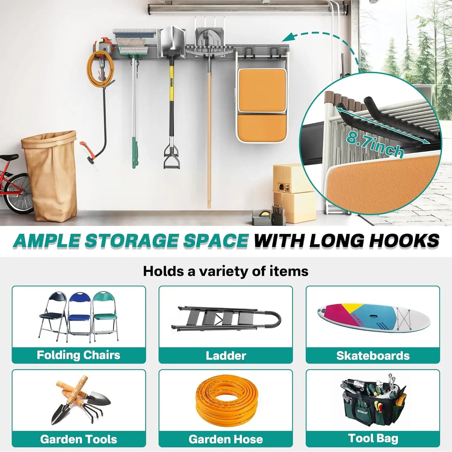 EVERHANGER Garage Tool Storage Organizer, Wall Mount Garden Tool Rack Organization, Heavy Duty Folding Chair Hangers with 12 Adj