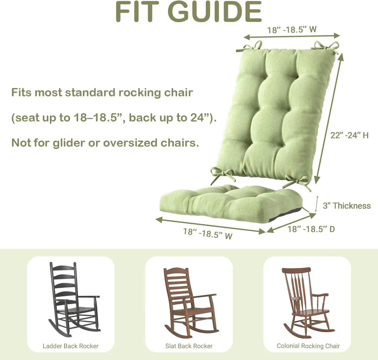 Waterproof Rocking Chair Cushion Set for Outdoor Patio, Fits Most Standard Rockers in Sage Green