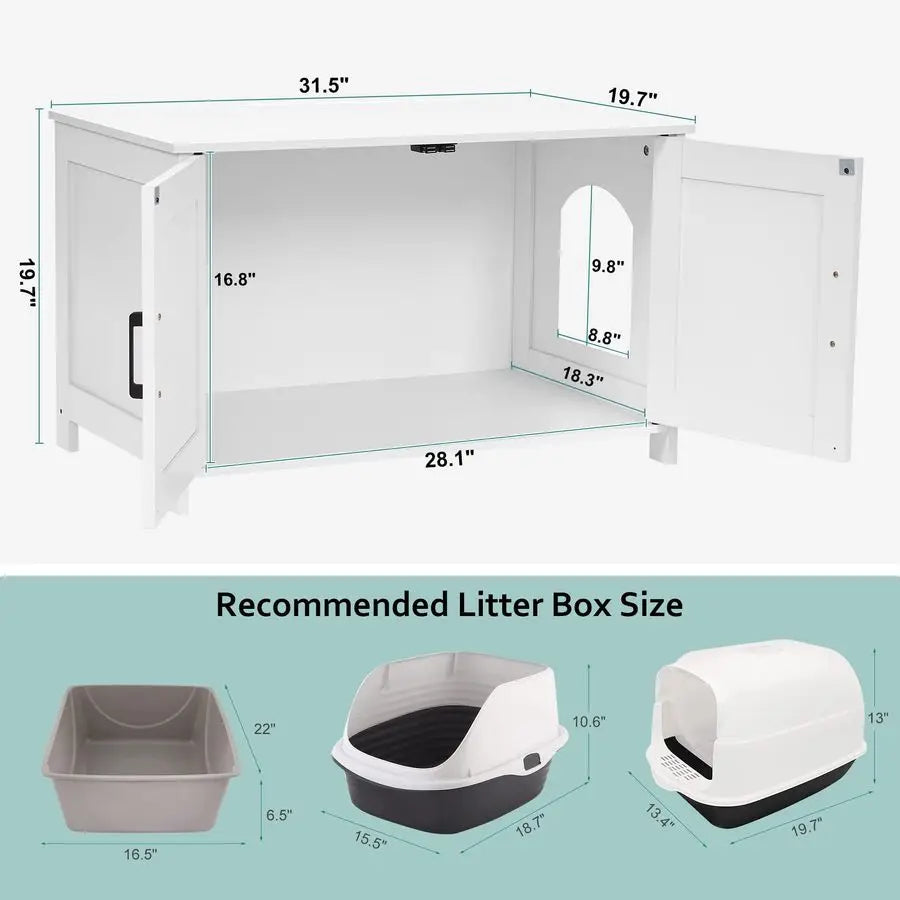 Cat Litter Box Enclosure, Wooden Cat Washroom Furniture with Barn Door, Pet House, Fit Most of Litter Box, White