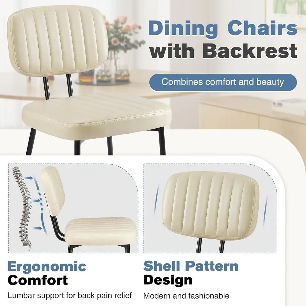 Set of 4 Upholstered Accent Chairs with PU Leather, Metal Legs, Suitable for Kitchen or Living Room, Beige White