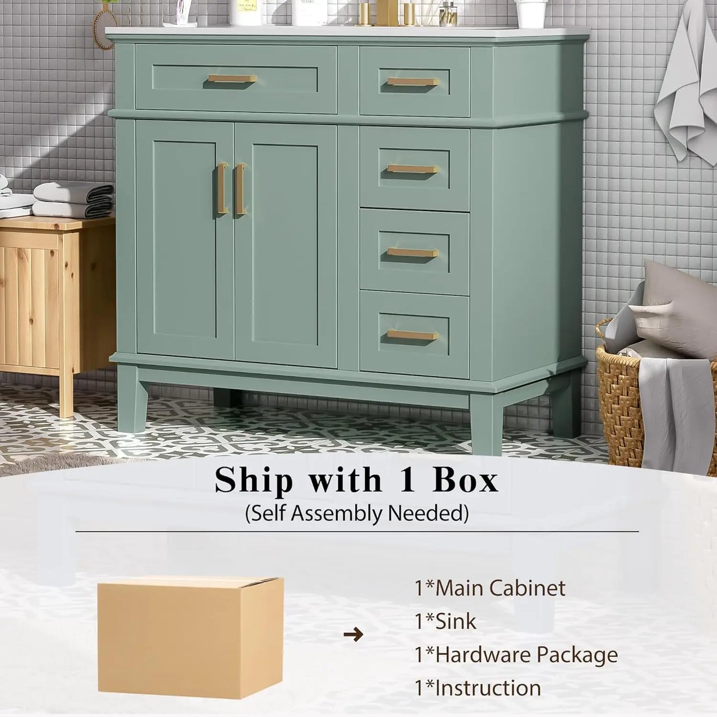 36 inch Bathroom Vanity with Sink, Modern Wood Bathroom Cabinet in Green, Bathroom Vanity Set with Tip-Out Drawer,, Customized