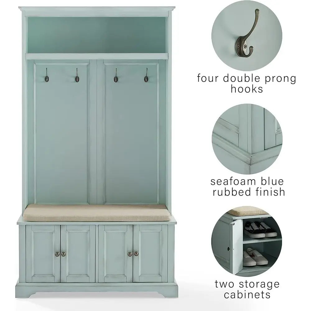 Holbrook Hall Tree with Shoe Rack Bench and Coat Hooks or Hanging Storage, Distred Seaoam Blue