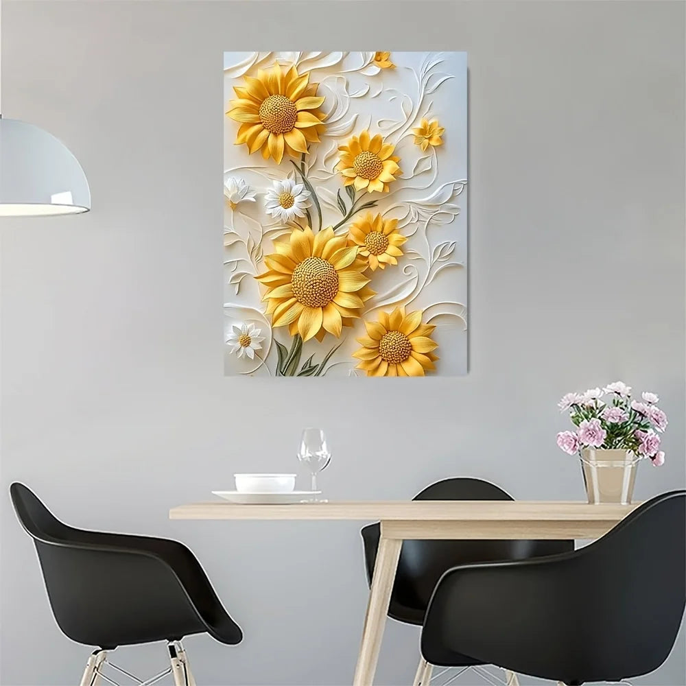 3D relief sunflower canvas art with wood frame, vivid yellow wall printing in living room and bedroom, Christmas home decor