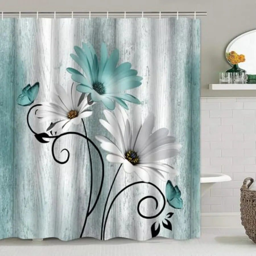 5Pcs Teal Daisy Shower Curtain Set with Bathroom Wall Art Decor Painting Shower Curtain and Rugs Ideal for Bathroom Decoration