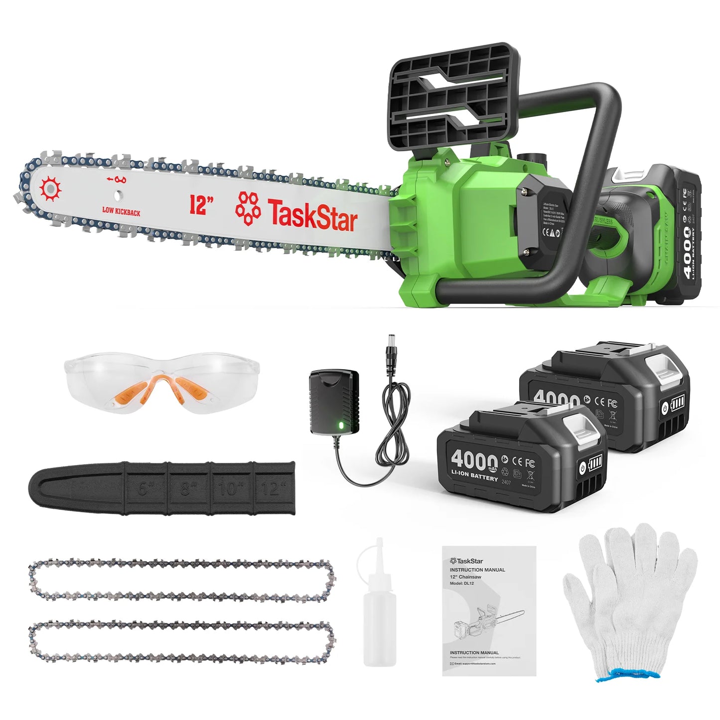 TaskStar 12-inch Brushless Electric Chainsaw Woodworking Cutting Garden Tool Cordless Electric Saw with 2 Rechargeable Batteries