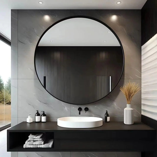 30 Inch Black Circle Mirror with Metal Frame for Bathroom, Vanity, Entryway, Living Room, Hallway and Bedroom Decor