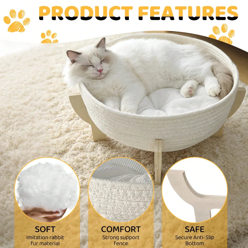 Raised Wooden Cat Bed Sofa with Fluffy Cushion, Elevated Pet Couch Lounge Chair for Indoor Cats, Puppies and Small Pets