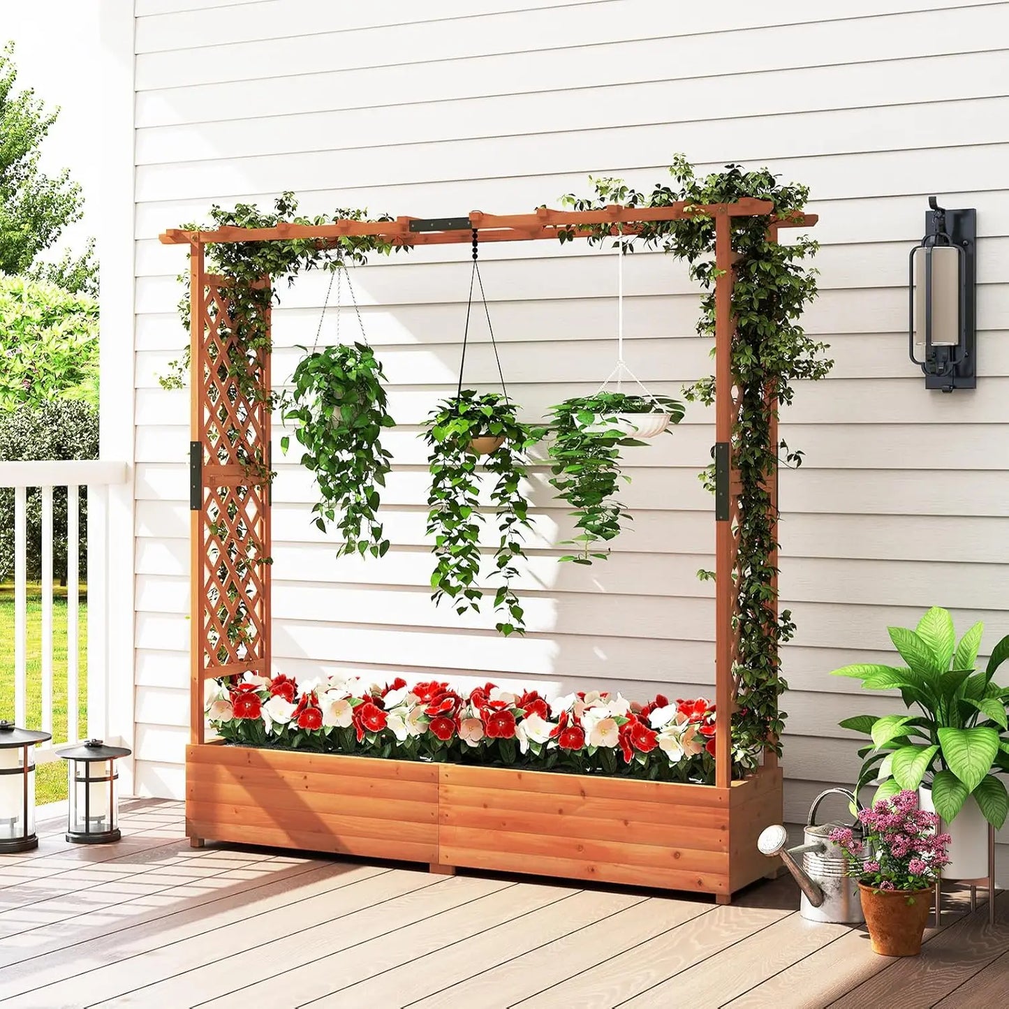 Freestanding Wood Planter Box with Trellis, Hanging Roof & Drainage for Climbing Plants, Flowers, Outdoor Garden