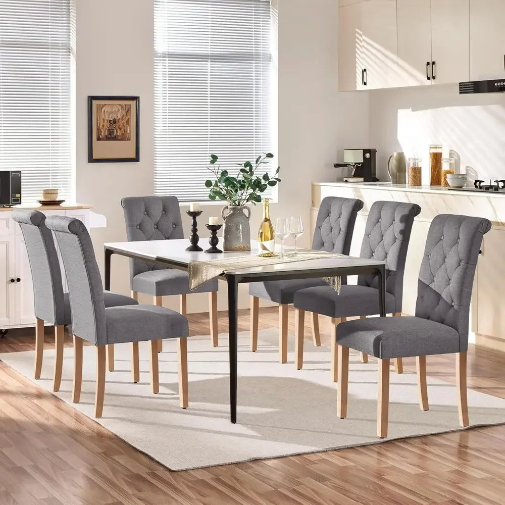 6-Piece Fabric Upholstered Dining Chairs Set with Button-Tufted High Back and Solid Wood Legs for Kitchen, Living Room, or Resta