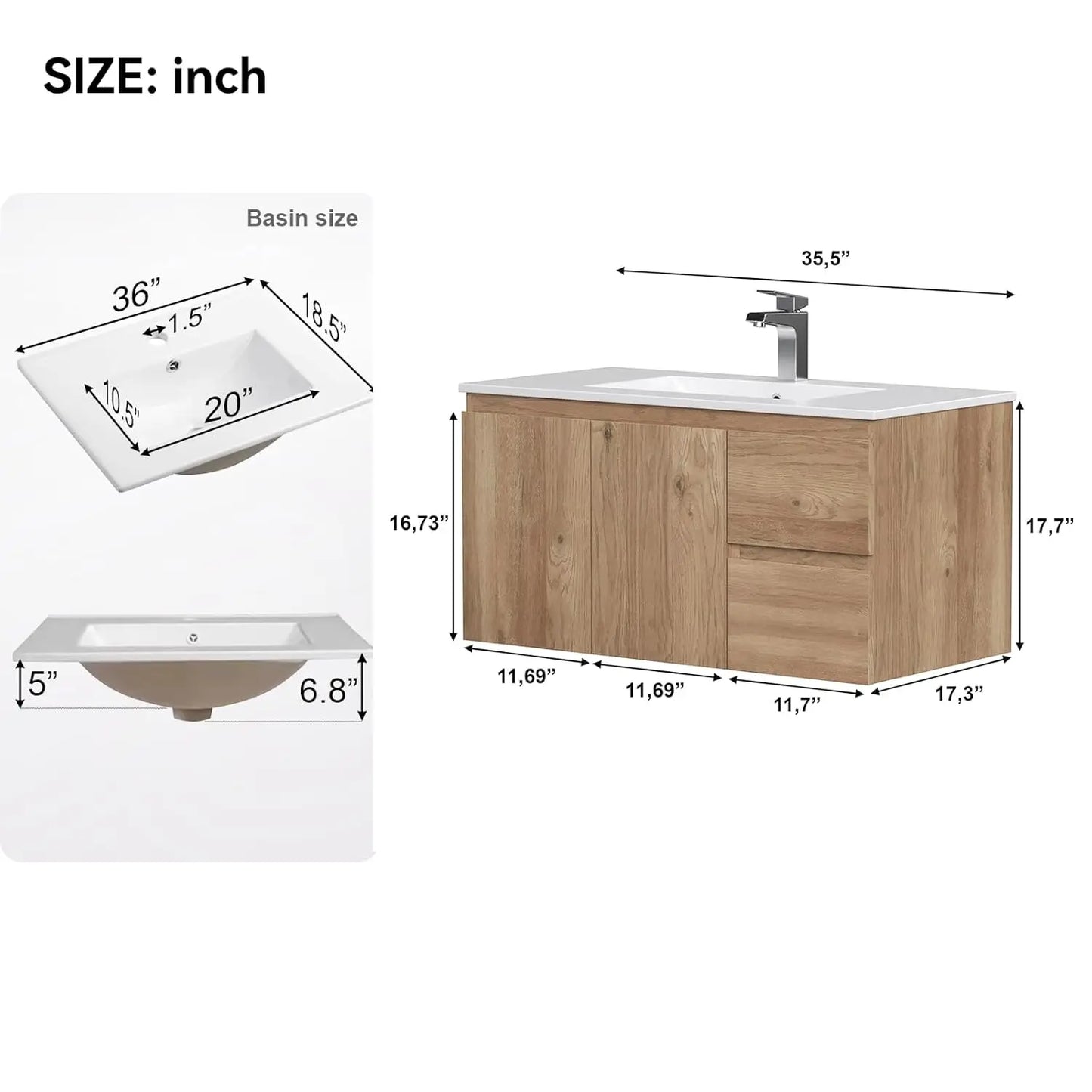 Floating Bathroom Vanity with Sink Wall Mounted Cabinet with 2 Soft-Close Drawers and Doors, Moisture-Resistant, Customized
