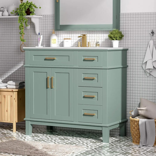 36 inch Bathroom Vanity with Sink, Modern Wood Bathroom Cabinet in Green, Bathroom Vanity Set with Tip-Out Drawer,, Customized