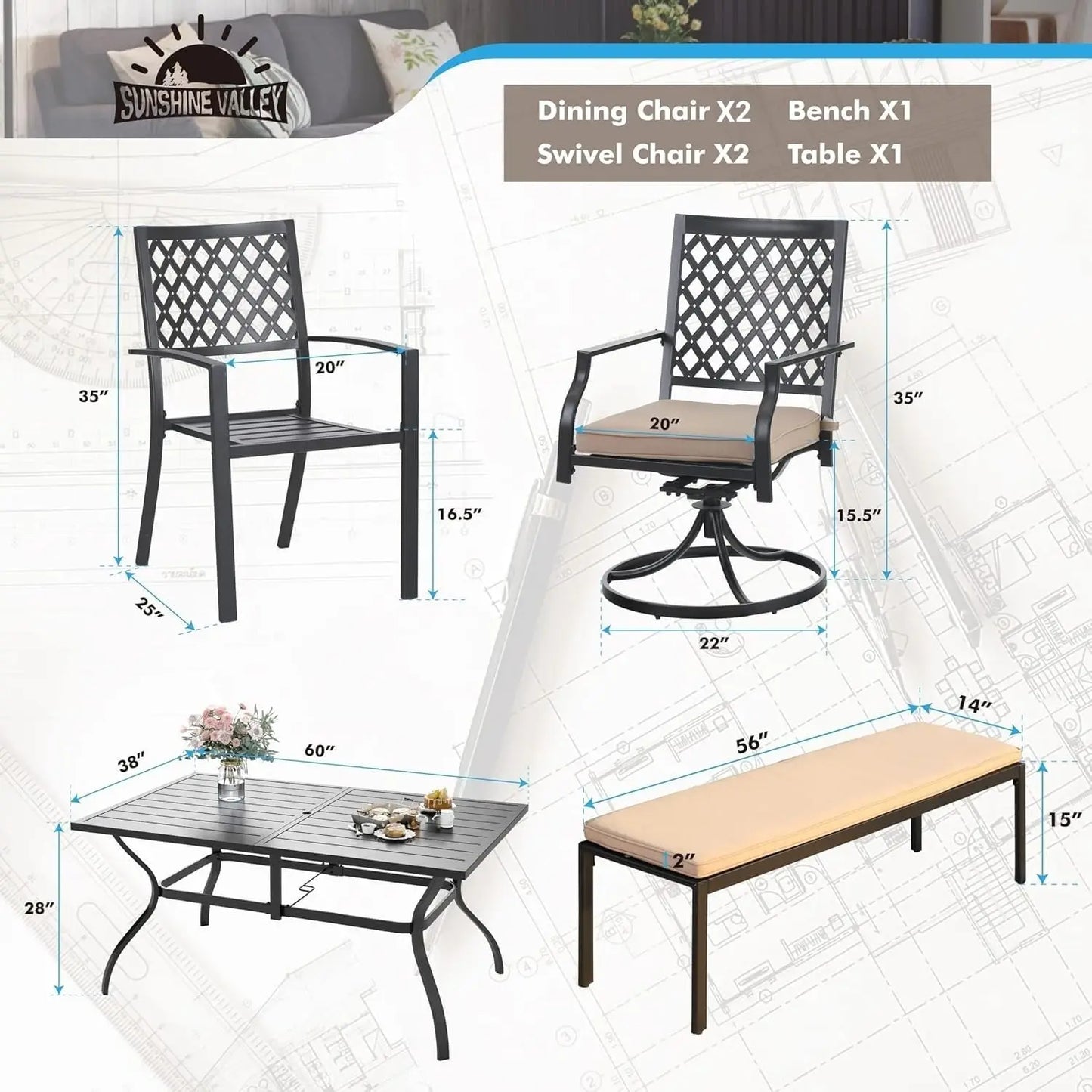 Sunshine Valle Patio Dining Set for 6, 60x38 Outdoor Table and Chairs Set with Umbrella Hole, 2 Leg Chairs, 2, Customized