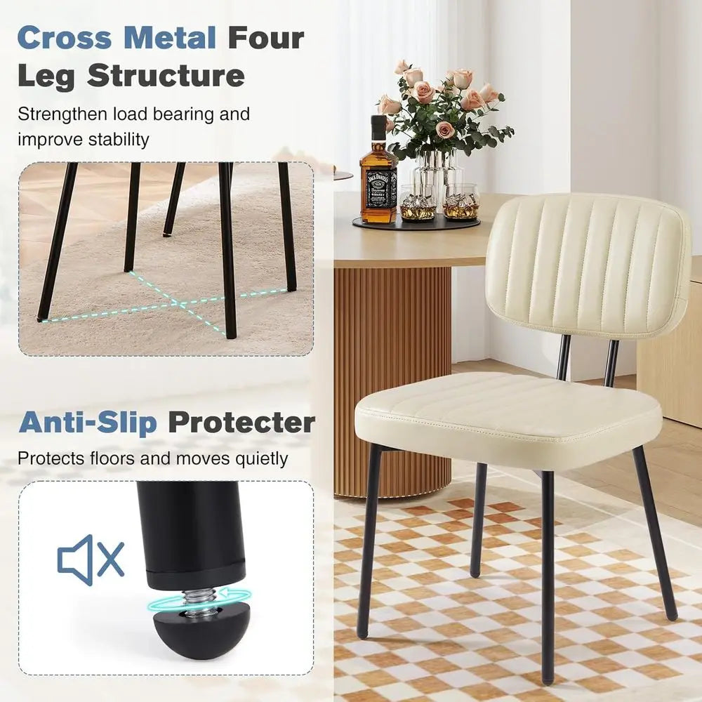 Set of 4 Upholstered Accent Chairs with PU Leather, Metal Legs, Suitable for Kitchen or Living Room, Beige White
