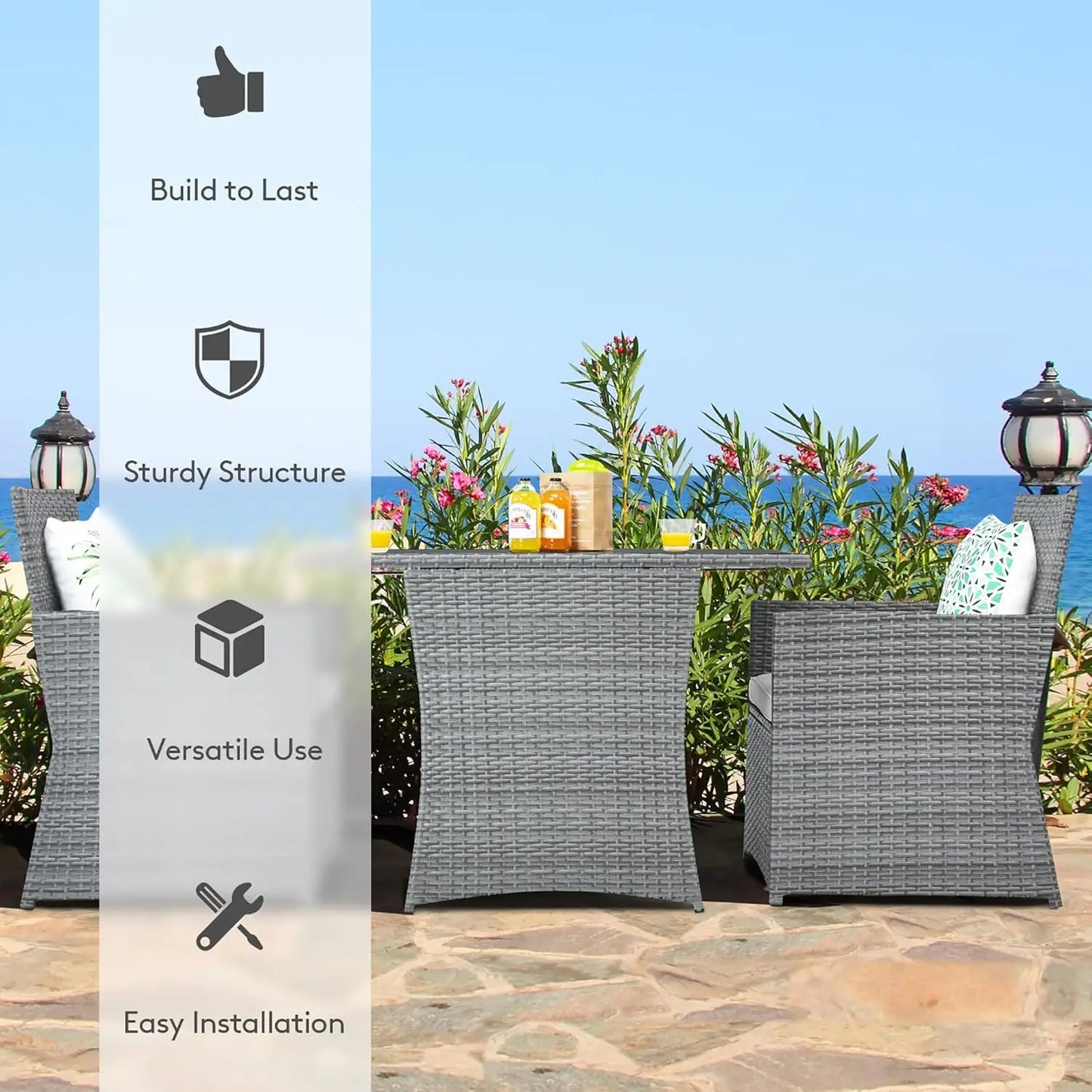 3 Pieces Patio Rattan Furniture Set, Outdoor Wicker Conversation Set with Sponge and Coffee Table, Cushioned Dining, Customized