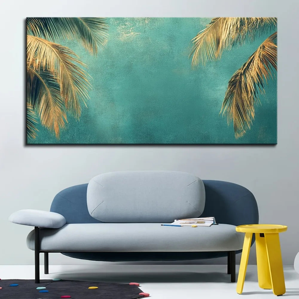 1.5 inch thick pine solid wood frame, mural oil painting, golden ocean beach palm tree, sunset landscape coconut tree