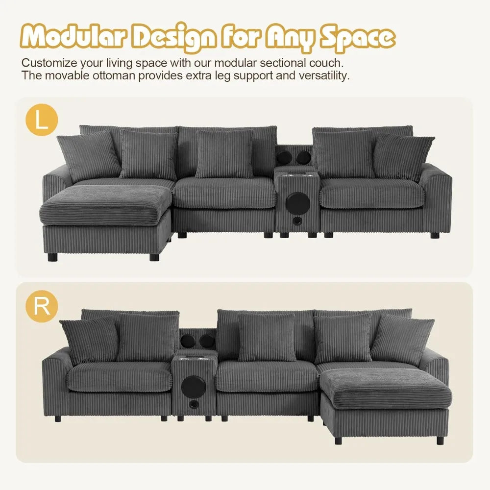 Corduroy L-Shaped Sectional Sofa 114' with Bluetooth Speakers & USB Charging Comfy Reclining Couch with Ottoman And Cup Holders