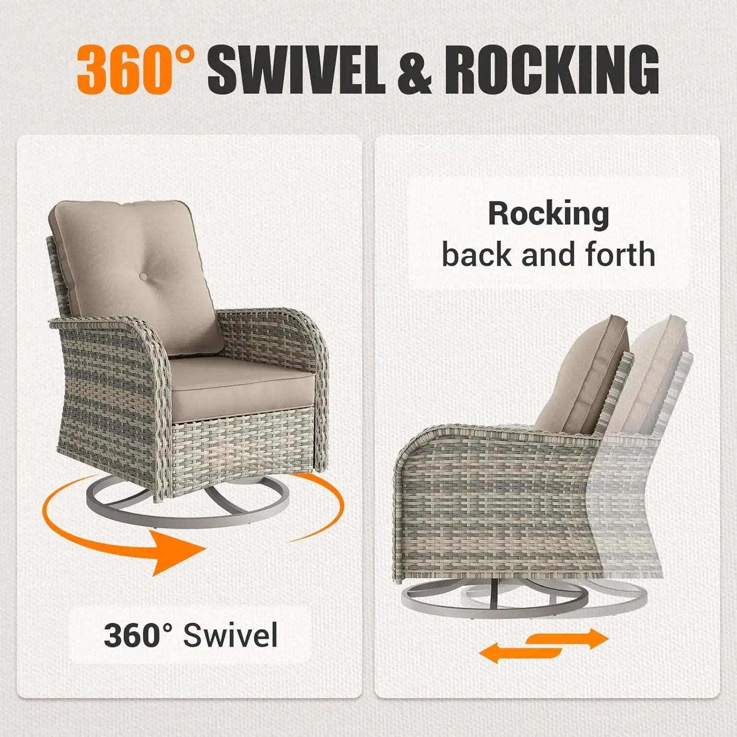 Patio Rocking Swivel Chair Outdoor Wicker Rattan Bistro Set with Tempered Glass Side Table, and Balcony, Beige