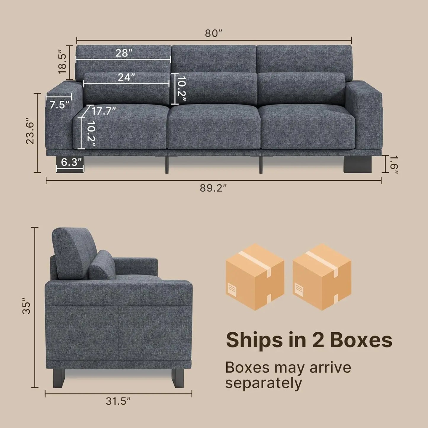 89" Modern 3-Seater Chenille Sofa Wide Armrest Deep Cushion Living Room Bedroom Apartment Dark Grey, Customized