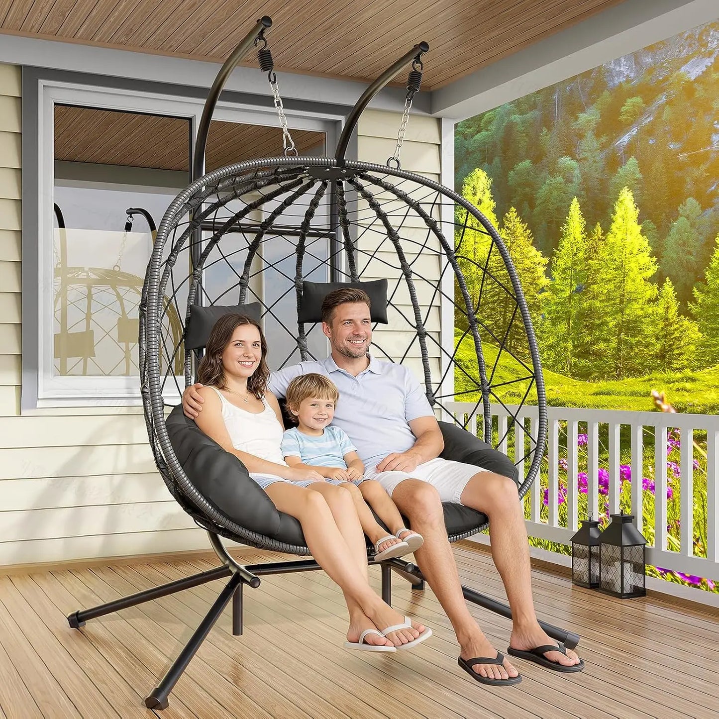 Double Egg Swing Chair with Stand - 2 Person Outdoor Patio Hanging Wicker Hammock Chair with Cushion, Customized