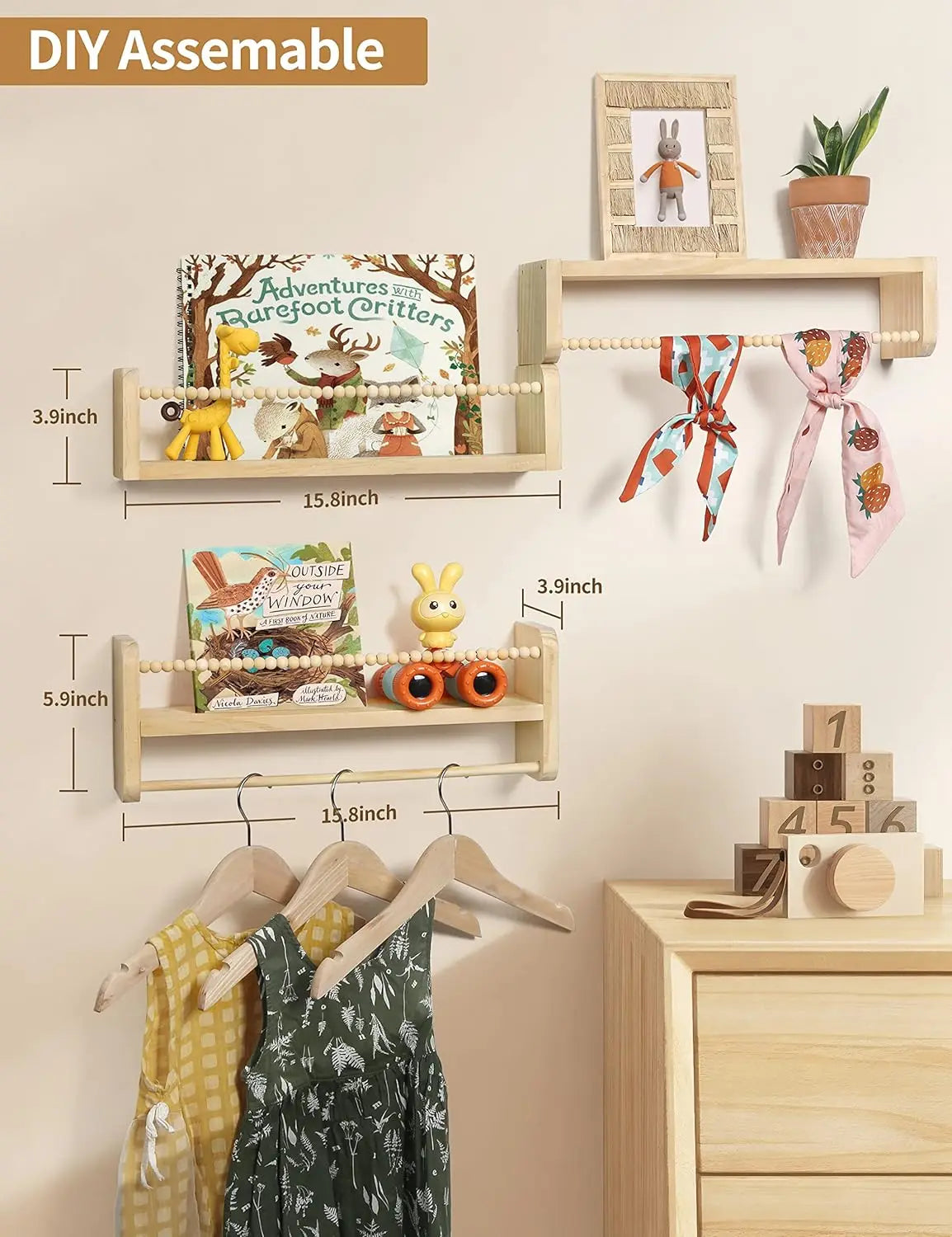 Set of 3 Natural Wood Floating Shelves with Towel Bar for Kids Room, Bedroom, and Kitchen Storage